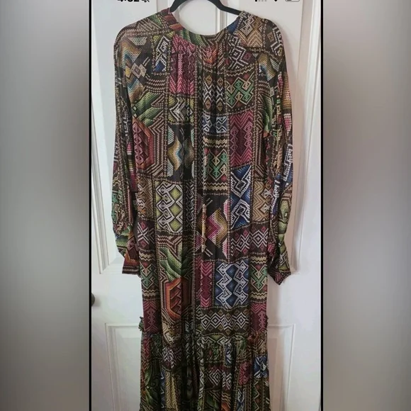 FARM Rio Rauti Maxi Dress XS Multi Abstract Tiered Long Sleeve, No Belt - Picture 11 of 13